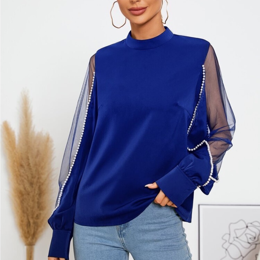 Elegant Sheer Mesh Long Sleeve Pearls Beaded Mock Neck Blouse Blue - Picture 5 of 14